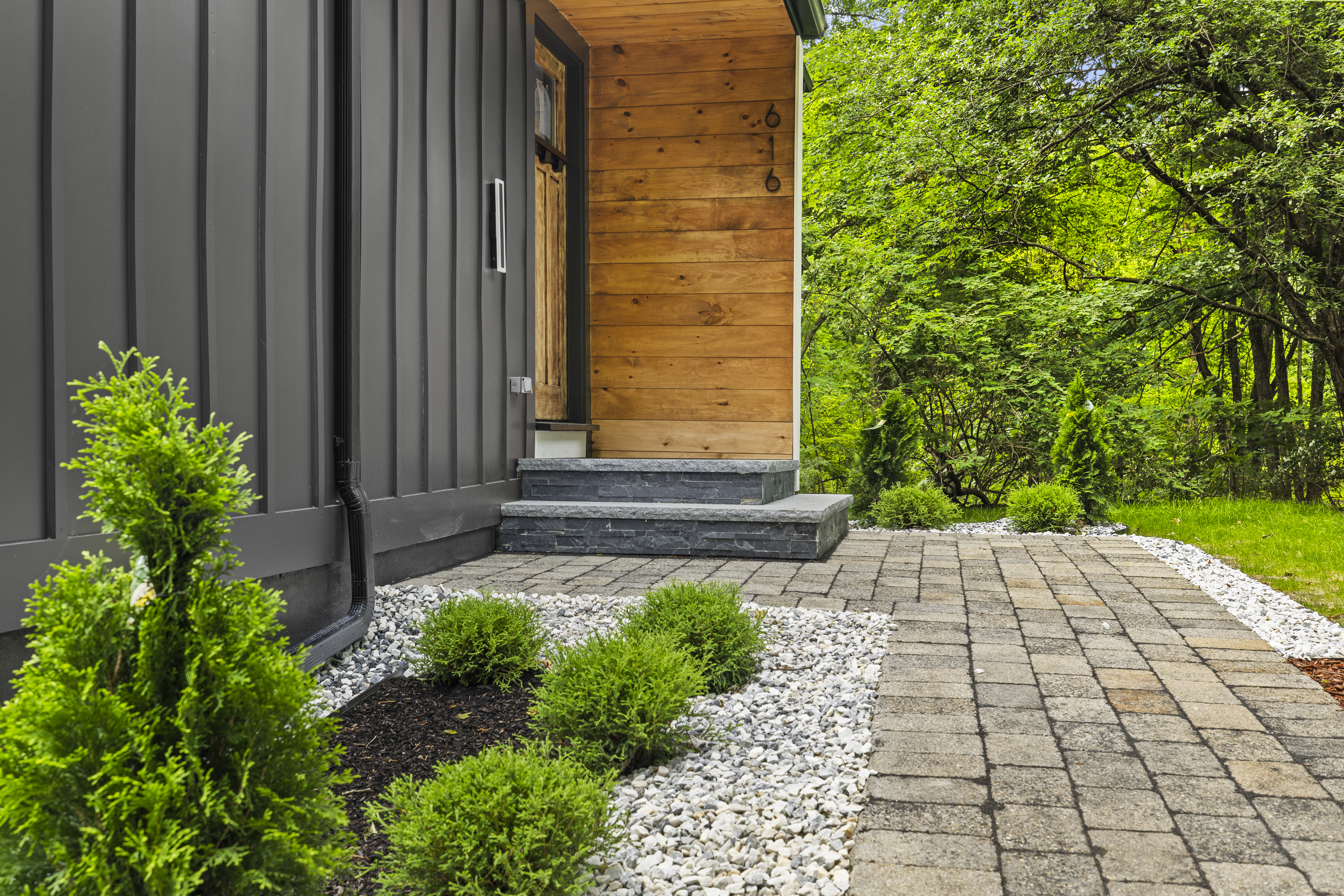 Front entry and landscaping detail at 616 Grove St