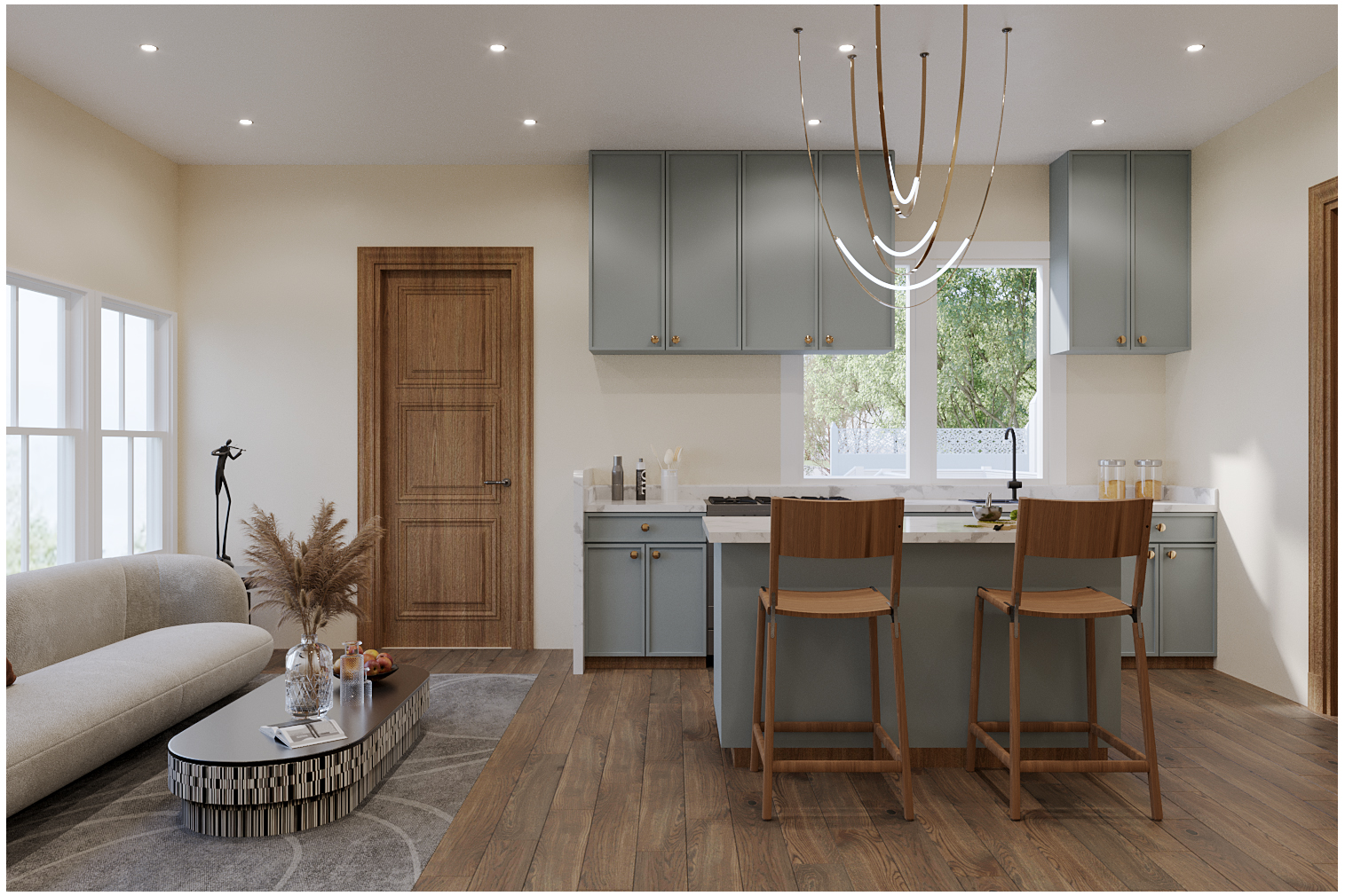 Kitchen and living rendering for Carver property