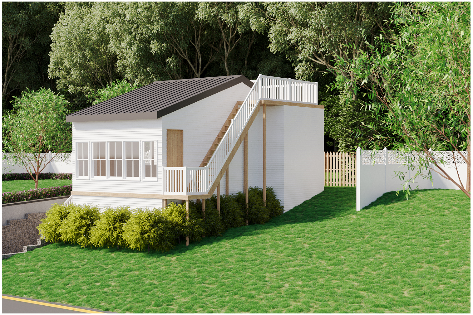 Rendering showing roof deck stairs at Carver property